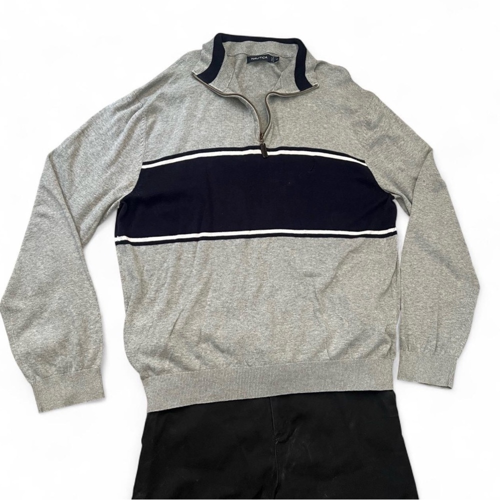 Nautical gray with white and navy stripes 1/4 zip sweater. Size XL